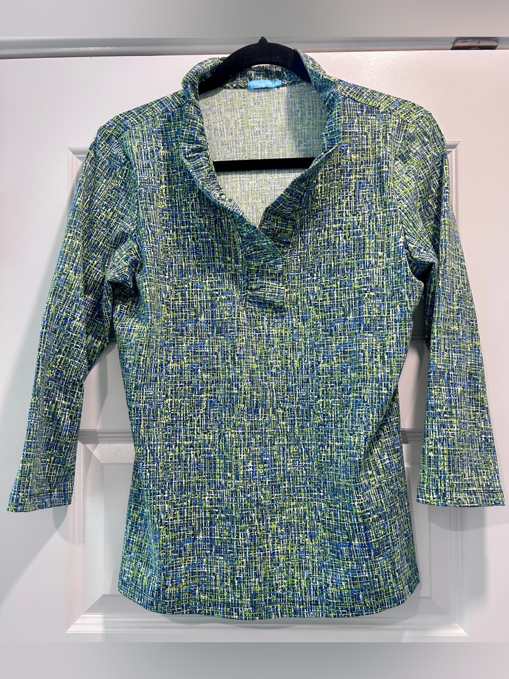 J.McLaughlin Durham Catalina Cloth Ruffle Neck Top Blue Green Tweed Grid Medium